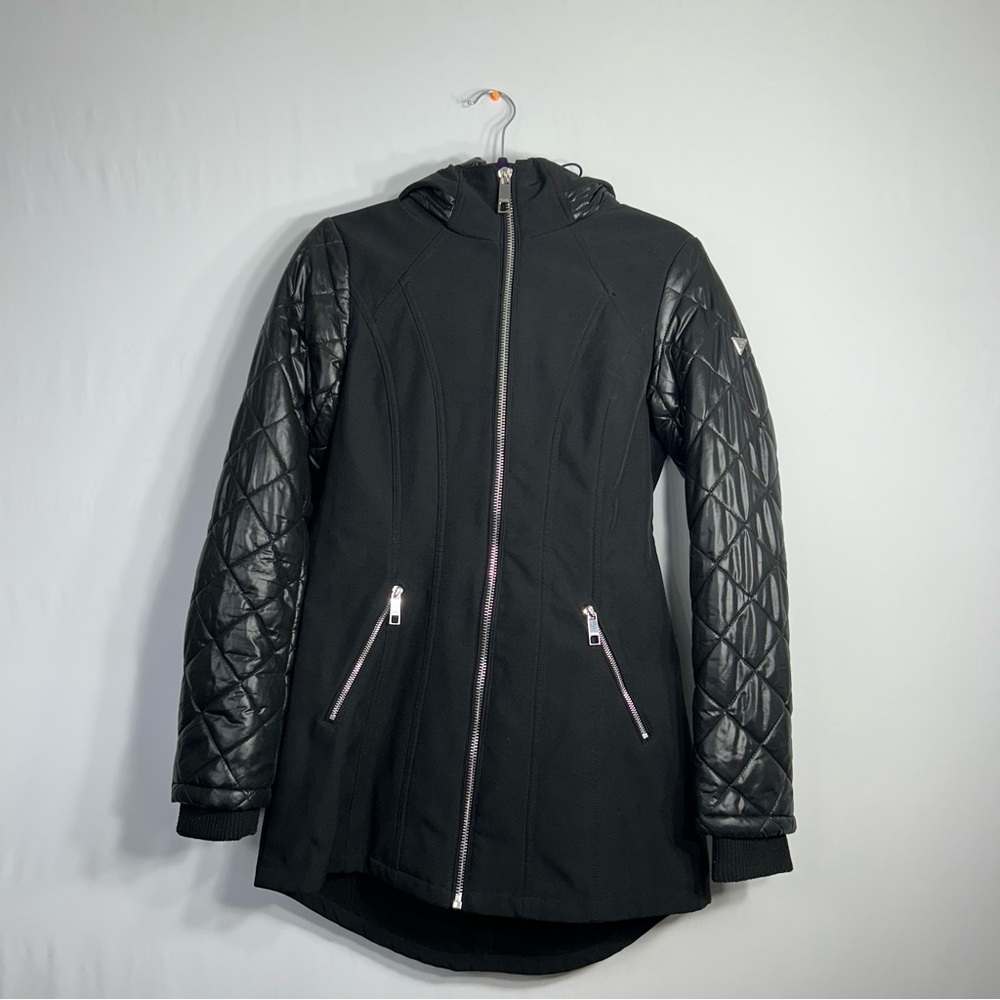 Guess Black Water Resistant Faux Fur Hood Quilted Puffer Moto Fitted Coat Size S
